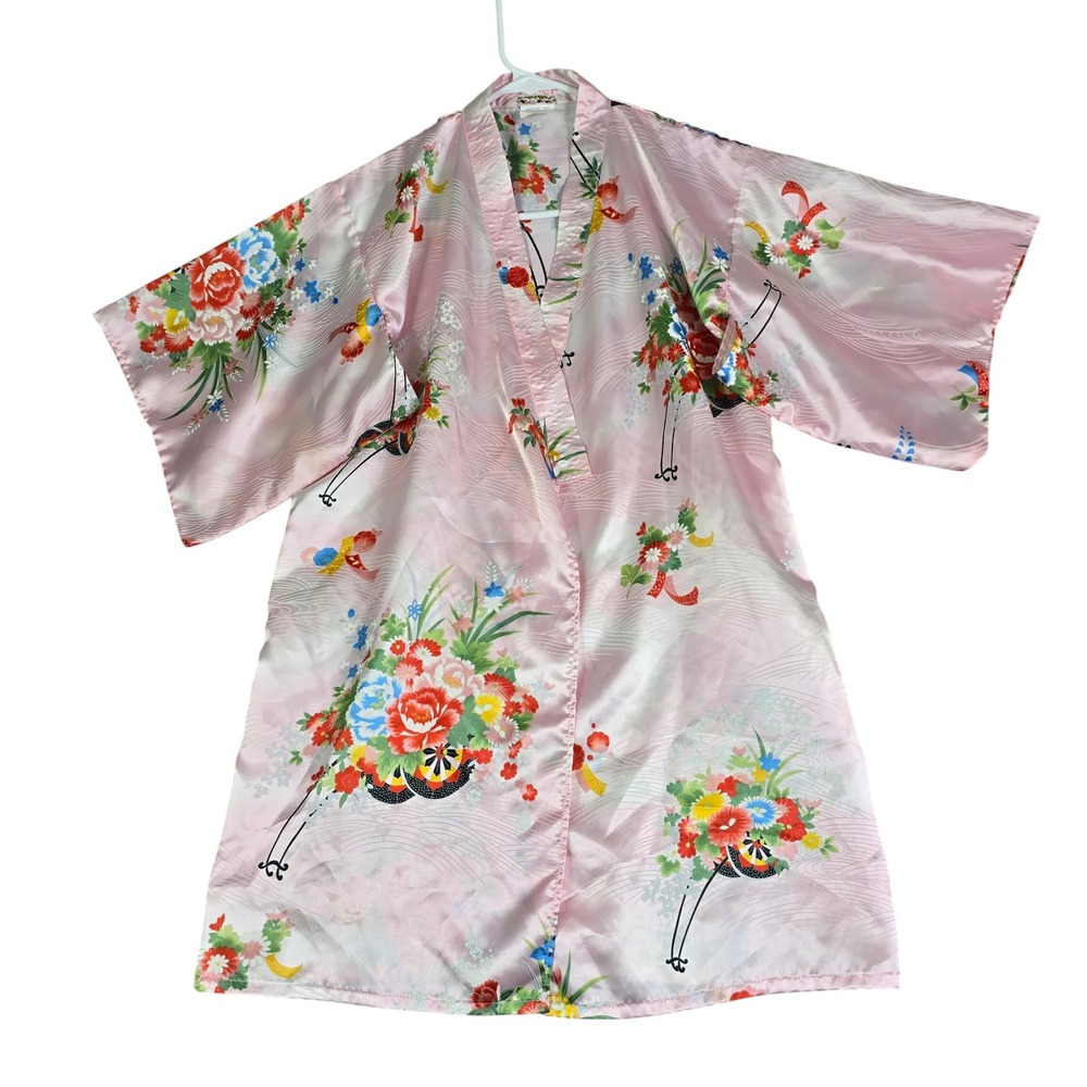 Ichiban Kimono Robe Women Small Pink Floral Crane Print Satin Short Geisha Japan